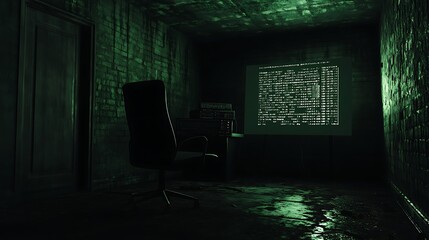 Poster - A dimly lit room featuring a computer screen displaying code, evoking a tech atmosphere.