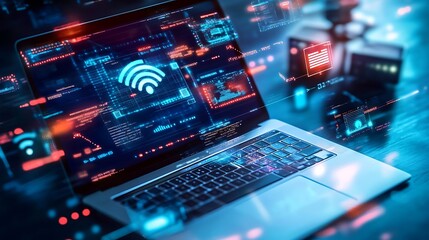Poster - A laptop displaying digital data and connectivity graphics, emphasizing technology and networking.