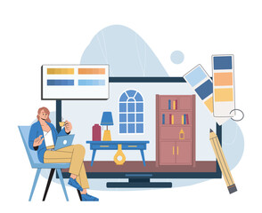 Poster - Woman interior designer. Young girl with laptop look at table and closet with things. Furniture and elements of decor and interior. Comfort and coziness in apartment. Flat vector illustration