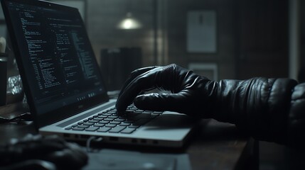 Aufkleber - A gloved hand types on a laptop, surrounded by a dimly lit room, suggesting secrecy or hacking.