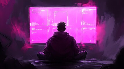 Poster - A person sits cross-legged, gazing at a glowing pink screen filled with data or notifications.