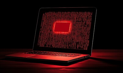 Poster - A laptop displays red digital data on a dark background, suggesting a tech or hacking theme.