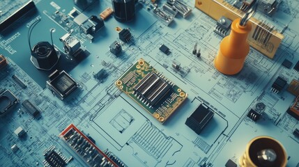 Poster - Close-up View of Circuit Board Components Featuring Microchips, Capacitors, Resistors, and Other Electronic Parts on a Detailed Blue Background