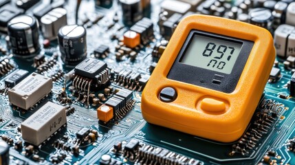 Poster - Close-up View of an Orange Digital Multimeter Measuring Voltage on a Printed Circuit Board Surrounded by Electronic Components and Capacitors
