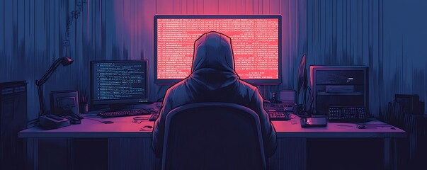 Poster - A hooded figure sits at a desk, illuminated by a glowing screen filled with code.