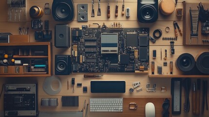 Poster - Aerial View of Electronic Components and Accessories Organized on a Wooden Table with a Computer Motherboard and Various Tools for Technology Projects