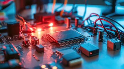 Poster - Close-Up View of a Circuit Board with Microchip and Glowing LED Lights for Technology and Innovation Concepts