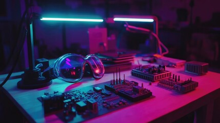 Poster - Vibrant Electronics Workshop with Colorful Neon Lighting and Safety Goggles Featuring Computer Circuit Boards and Tools for Modern Technology Projects