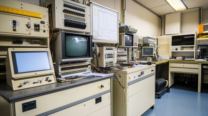 Poster - Vintage Control Room with Multiple Monitors and Electronic Equipment Showcasing Retro Technology in a Laboratory Environment