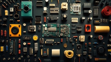 Poster - Diverse Electronic Components and Circuit Boards Arranged Neatly on Dark Surface Displaying Various Textures, Shapes and Colors for Technology and Engineering Themes