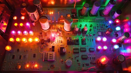 Poster - Vibrant Circuit Board with Colorful LED Lights and Electronic Components Displaying Modern Technology and Innovation in a Close-Up View