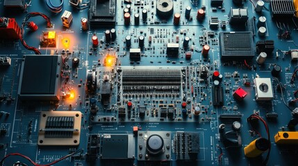 Poster - Detailed Close-Up of a Complex Electronic Circuit Board with Various Components, Lights, and Wires Showing Intricate Technology and Design