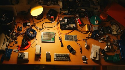 Poster - Detailed Overview of Electronic Components and Circuit Boards Spread Across a Workbench with Tools and Accessories at Night