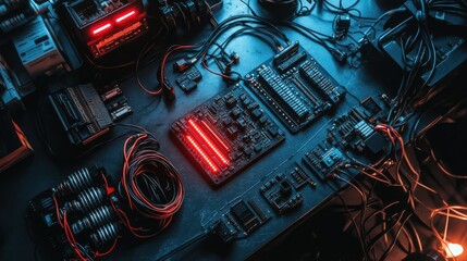 Poster - Detailed Close-Up of Electronic Components and Circuit Boards on a Dark Workspace Surrounded by Wires and Red LED Lights for Technology Enthusiasts