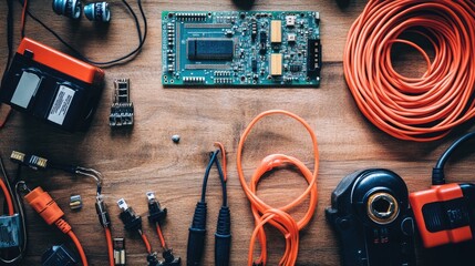 Poster - Essential Tools and Components for Electronics Projects on Wooden Surface, Featuring Circuit Board, Cables, Connectors, and Handheld Devices for DIY Enthusiasts