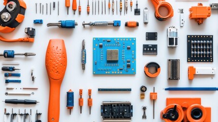 Poster - An Organized Flat Lay of Various Electronic Components and Hand Tools Showcasing a Vibrant Color Palette with Blue, Orange, and Grey Elements on a White Background