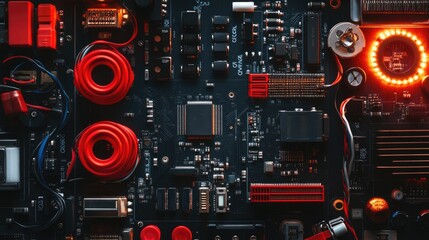 Poster - Detailed Close-Up of a Complex Circuit Board with Vibrant Red Components and Intricate Electrical Connections Featuring Modern Technology Elements