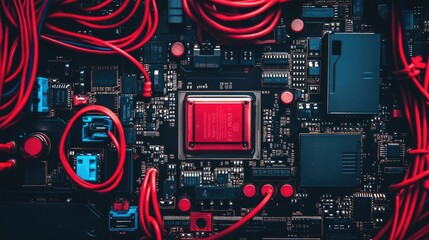 Poster - Intricate Circuit Board with Red Wires and Components Showcasing Modern Technology and Complex Electronics in a Close-Up View for Tech and Innovation Themes