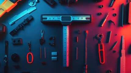 Poster - Collection of Various Hand Tools and Equipment Arranged on a Dark Surface with Dramatic Lighting, Showcasing Their Unique Shapes and Functions in an Artistic Layout