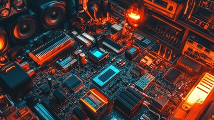 Poster - Futuristic Circuit Board with Neon Lights and Complex Components, Showcasing High-Tech Electronics and Modern Computer Technology in a Vibrant Setting