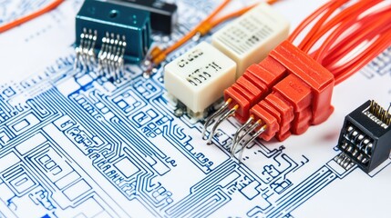 Poster - Close-Up of Colorful Wires and Circuit Board Connectors on a Detailed Printed Circuit Board Design Highlighting Electrical Connections and Components