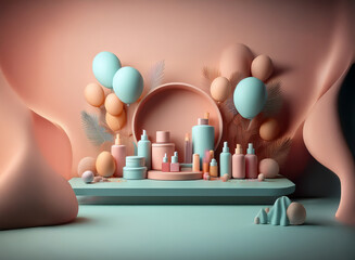 Aufkleber - a 3d rendering of a blue and peach themed display featuring various cosmetic bottles and jars, ballo