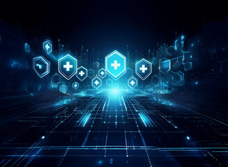 Poster - a dark blue background with a futuristic digital landscape. glowing blue hexagons with white cross s