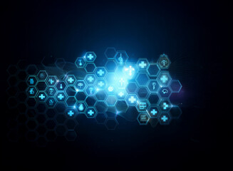 Poster - a futuristic abstract background with a cluster of glowing blue hexagons containing various abstract