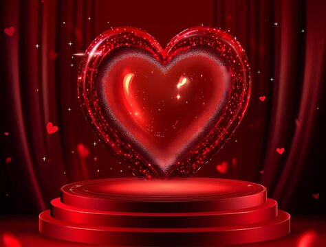 Vector background with a podium and heart shape for Valentine's Day, a mockup design template for product presentation. Red and pink colors. 