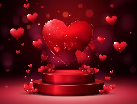 Vector background with a podium and heart shape for Valentine's Day, a mockup design template for product presentation. Red and pink colors. 