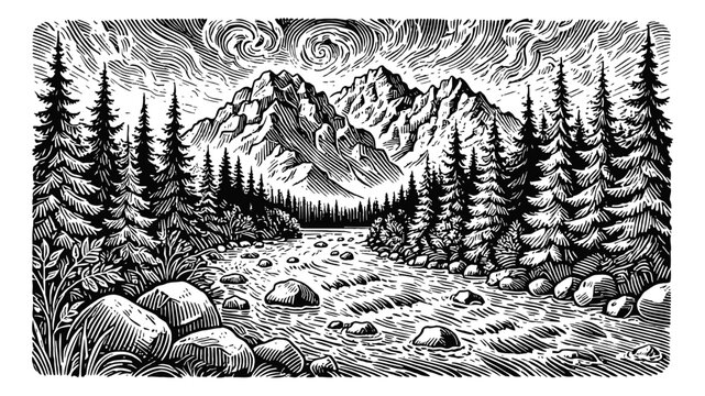 mountain landscape river tree engraving black and white outline