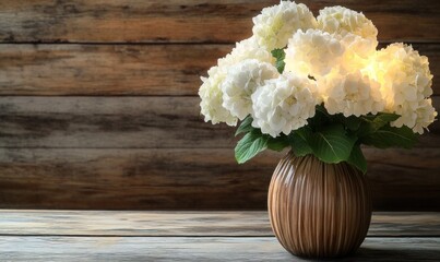 Wall Mural - Elegant White Hydrangeas in Wooden Vase on Rustic Table