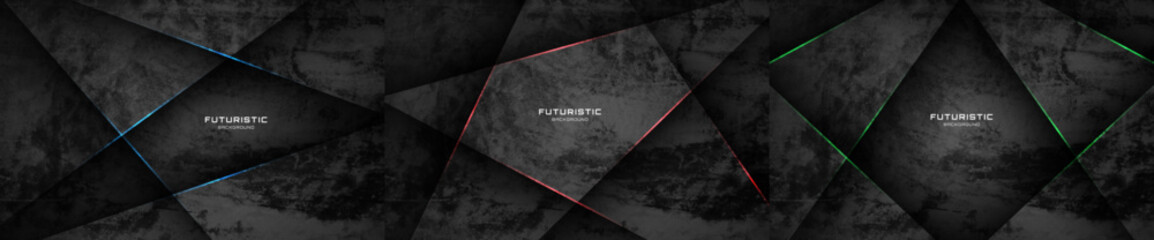 Poster - 3D black rough grunge abstract background set. Overlap layer on dark space with lines effect decoration. Modern graphic design element cutout style concept for banner, flyer, card, or brochure cover