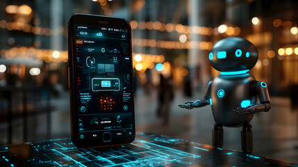 Wall Mural - Futuristic Smartphone Interface Displays Data to a Small Robot in a City Nightscape Background