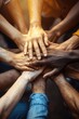 © best - Diverse team working together in unity with sunlight and blurred background, close up view from above of people holding hands in support and friendship, high resolution photography