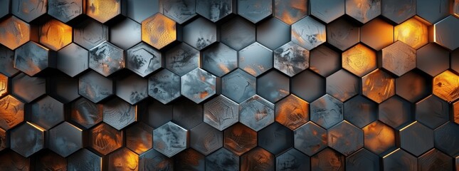 Fototapete - Modern Industrial Hexagon Background with Golden Light - 3D Geometric Technology Texture