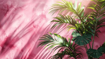 Poster - Palm Leaf Shadow on Pink Wall for Product Display Minimal Abstract Background