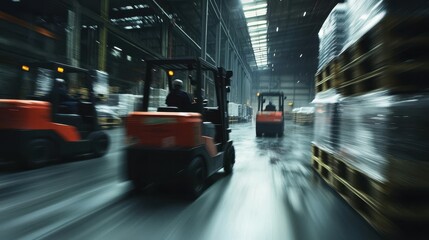 Poster - Action-packed Scene of Fast Moving Forklifts in a Busy Factory Warehouse with Blurred Background and Dynamic Atmosphere