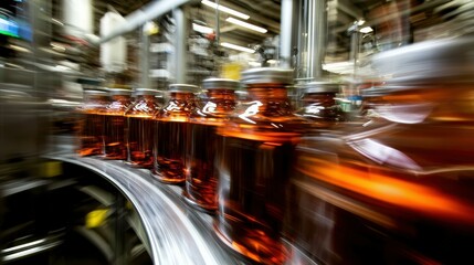 Poster - High-Speed Production Line with Multiple Bottles Moving in a Factory Environment, Demonstrating Efficient Manufacturing Processes and Modern Technology