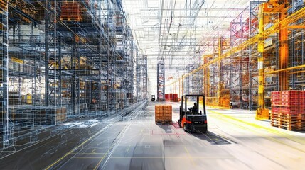 Poster - Large warehouse environment featuring forklifts in action, transporting pallets within a spacious industrial setting designed for optimal efficiency and safety.