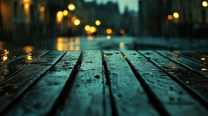 Aufkleber - Empty Wooden Table in the Foreground Surrounded by a Rainy City Street with Bokeh Lights Creating a Mysterious and Atmospheric Urban Scene