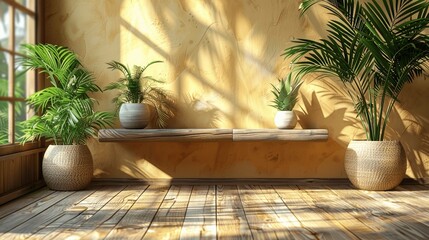Poster - Wooden Counter Table in Sunlight with Palm Leaf Shadow on Beige Background for Organic Skincare Product Display