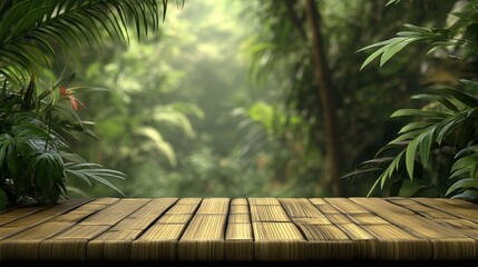 Aufkleber - Empty Bamboo Table with Jungle Bokeh Background for Exotic and Tropical Decor or Nature-Themed Design Projects