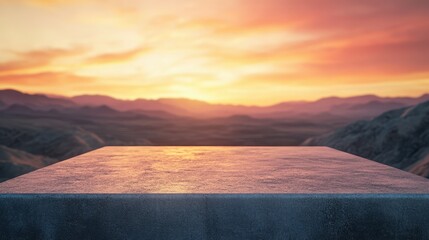 Aufkleber - Empty Concrete Table Against a Vibrant Desert Sunset with Bokeh Effect in the Background Highlighting Orange and Warm Tones
