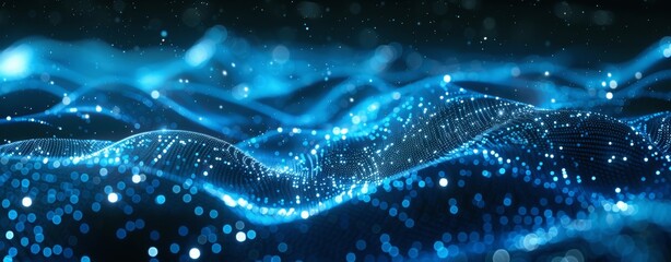 Aufkleber - Blue Glowing Digital Waves and Dots Abstract Background for Futuristic Design