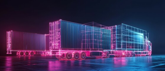 Poster - Futuristic Concept of Shipping Containers Loaded on Trucks Displaying a Neon Outline in Digital Style, Emphasizing Logistics and Transportation Technology