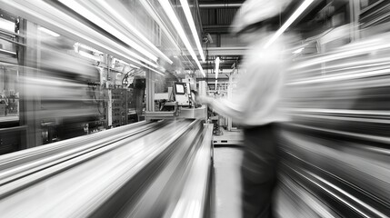 Poster - Engineers Inspecting High-Speed Machinery in a Fast-Paced Manufacturing Environment with Motion Blur and Dynamic Movement
