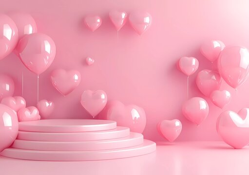 3D vector illustration of a background with a podium and heart-shaped decoration for Happy Valentine's Day, in a pink color theme with a pastel tone