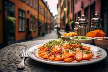 Canvas Print - Delicious salmon plate set against a blurred European city background