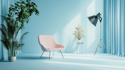 Wall Mural - Modern Minimalist Interior Design with Pink Chair, Floor Lamp, Decorative Plants, and Fresh Flowers in a Light Blue Room Setting